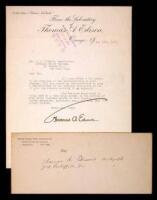 Typed Letter Signed “Thomas A. Edison” on stationery of the Edison Laboratory