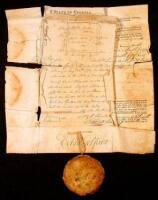 Partially-printed land grant, filled out in ink, with ms. plat & large beeswax seal attached