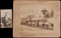 Albumen photograph of an engine of the Southern Pacific Railroad, with a engineer in the cab, a fireman with shovel, and seven men standing in front