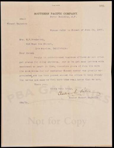 Typed letter, signed from Editor of Sunset Magazine - with copy of the Sunset Magazine's New San Francisco Emergency Edition, 1906