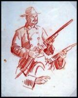 Sepia colored pencil sketch of a man with a rifle