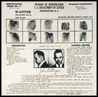 Wanted poster for John Dillinger, with fingerprint identification