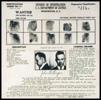 Wanted poster for John Dillinger, with fingerprint identification