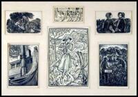 Six illustrations (linocuts?) matted and framed together