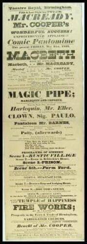 ...This present Friday...will be performed Shakespeare's Tragedy of Macbeth King of Scotland. Macbeth,-- Mr. Macready