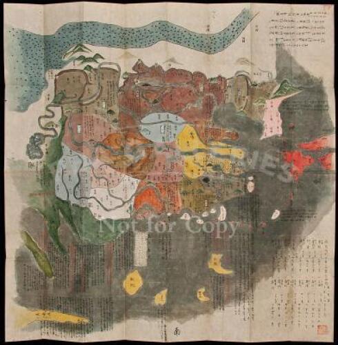 Hand-colored manuscript map of China & Southeast Asia, with extensive text on the map in Chinese characters