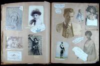 Album of approx. 78 leaves, into which are glued countless photographs, engravings, letters, portions of books, doll clothing, and many other unusual items