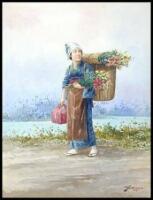 A Japanese Woman Laden with Colorful Flowers