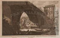 Veduta del Ponte Ferrato dagl' Antiquari detto Cestio. Dalla parte verso la corrente 1. Sperone moderno 2. Case, ed Orticelli nel Traftevere 3. Rovine de fabriche antiche 4. Catene. che tengano ferme le barche, su le quali si macina il grano s. Pelo d'acq