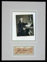 Large, dark signature “John Hancock” on a 1.5” x 4” slip of paper. Matted with engraved portrait.