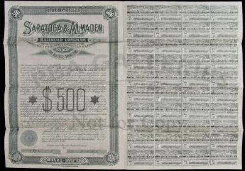 Gold Bond for $500 from the Saratoga & Almaden Railroad Co., with redemption coupons intact