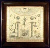 Original satin Masonic apron, with printed illustrations in Masonic themes