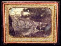 Vintage daguerreotype of 5 miners at work on their sluice box