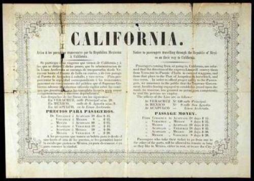 Broadside notice to passengers travelling through Mexico to California