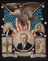 America We Love - color lithograph poster featuring Presidents Washington, Lincoln, and Wilson