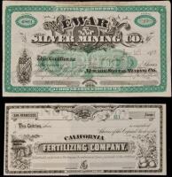 Two stock certificates lithographed by G.T. Brown & Co.