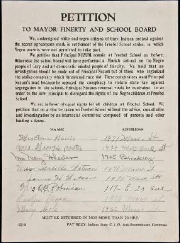 Petition to Mayor Finerty and School Board - 1945 Gary, Indiana Fights Over School Integration
