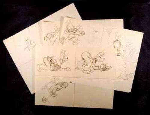 Lot of 10 original animation drawings on four sheets