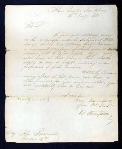Autographed Letter, signed by Hampton, to a Major John Brownson