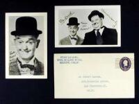 Tyled Letter, signed by Stan Laurel, plus a halftone portrait on post card, signed & inscribed by him, and a photograph of Laurel and Hardy, on unused postcard, signed in the negative