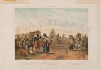 Camino de Tacubaya a Chapultepec, Trajes de Indios Mexicanos [Road from Tacubaya to Chapultepec, Dresses of Mexican Indians] - Colored lithograph from Mexico y Sus Alrededores