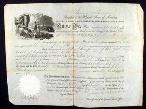Partially printed Land Grant filled out in ink, signed by Monroe