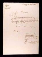 Manuscript letter, signed by the Baron de Marcognet, commander of the 14th Military Division of the French Army based in Cherbourg, to the French Minister of War.