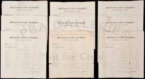 Nine report cards from Betts Military Academy for the school year of 1883-1884 for a student named Palmer H. Lewis