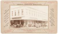 Advertising card for San Francisco merchants Cutter, Lloyd & Co. with mounted photograph of storefront