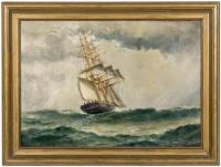 Oil on canvas of a sailing ship.