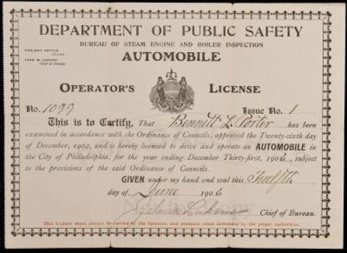 Department of Public Safety. Bureau of Steam Engine and Boiler Inspection, Automobile Operator's License - Philadelphia, 1902