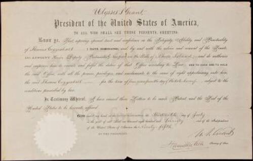 Document, signed, Appointing Thomas Coggeshall as Deputy Postmaster at Newport, Rhode Island