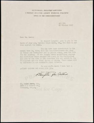 Typed Letter Signed by Douglas MacArthur, offering condolences to the father of a soldier killed on the Philippines, plus 12 letters from the soldier, Lt . Ralph Amato, Jr., to his sister