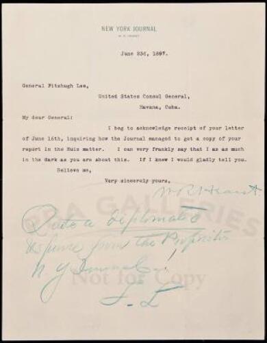 Typed Letter Signed by William Randolph Hearst, to General Fitzhugh Lee, U.S. Consul General in Havana, Cuba