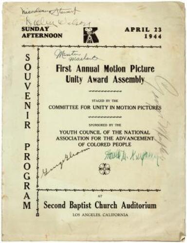 Souvenir Program, First Annual Motion Picture Unity Award Assembly. Staged by the Committee for Unity in Motion Pictures, Sponsored by the Youth Council of the National Association for the Advancement of Colored People. April 23, 1944 at Second Baptist Ch