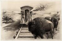 Original drawing of men hunting buffalo from the back of a train