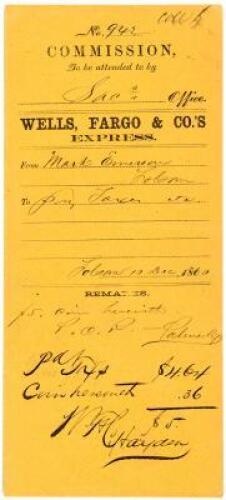Commission envelope from Wells, Fargo & Co.'s Express, filled out in ink, transmitting $5 in coin