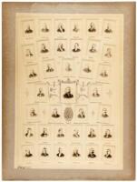 Albumen photo-montage with cdv-size portraits of 36 prominent members of the Hall Associetion of the Native Sons of the Golden West, with the president of the Association, James D. Phelan, at the center