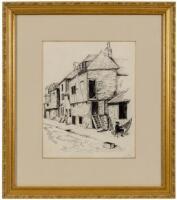 Original pen-&-ink drawing of houses along a cobblestone street, with several fishermen repairing nets - plus 4 lithographic prints of scenes in Spain