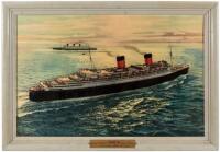 Lithograph poster for the Cunard Line ships Queen Elizabeth and Queen Mary