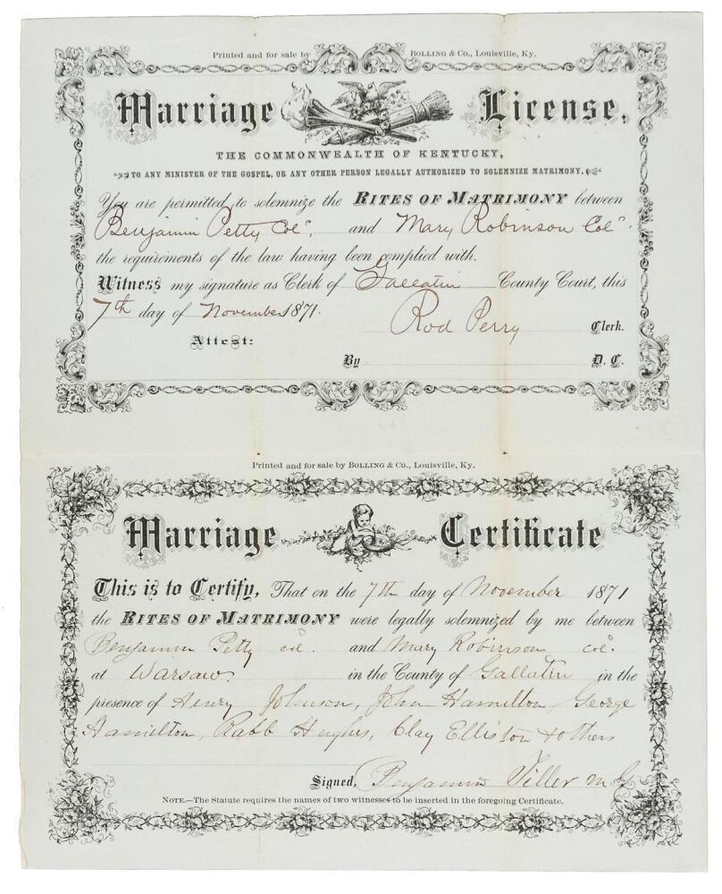 Printed and handwritten Marriage License and (attached) Marriage Certificate for Benjamin Petty