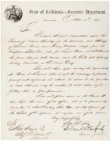 Letter Signed by Leland Stanford as Governor of California to the Sheriff of El Dorado County