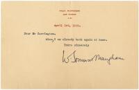 Typed Note, signed, by novelist W. Somerset Maugham