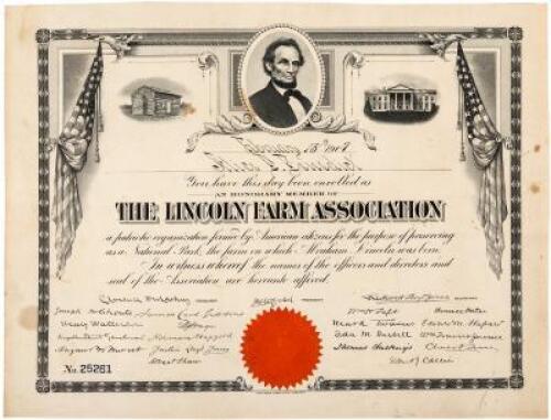 1907 Certificate for Association to save Lincoln&rsquo;s birthplace, sponsored by Mark Twain