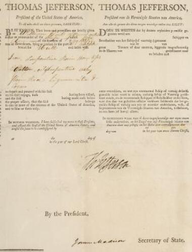 WITHDRAWN. Printed Ship's Papers signed by Thomas Jefferson as President of the United States and James Madison as Secretary of State