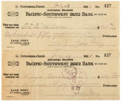 Two checks signed by Zane Grey