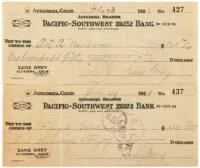 Two checks signed by Zane Grey