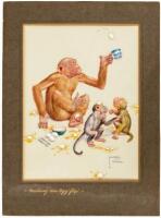 "Making an Egg Flip" - original painting by Lawson Wood of a monkey 'flipping' an egg