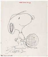 Original pen-&-ink drawing of Snoopy holding a tennis racket, signed Schulz