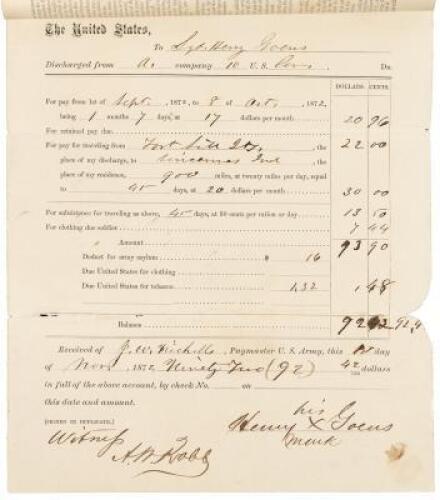 Printed and handwritten document Signed - Buffalo Soldier Discharge in Indian Territory, signed by Indian Wars hero